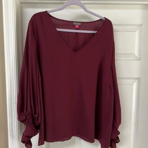 Burgundy V-Neck blouse with gathered sleeves